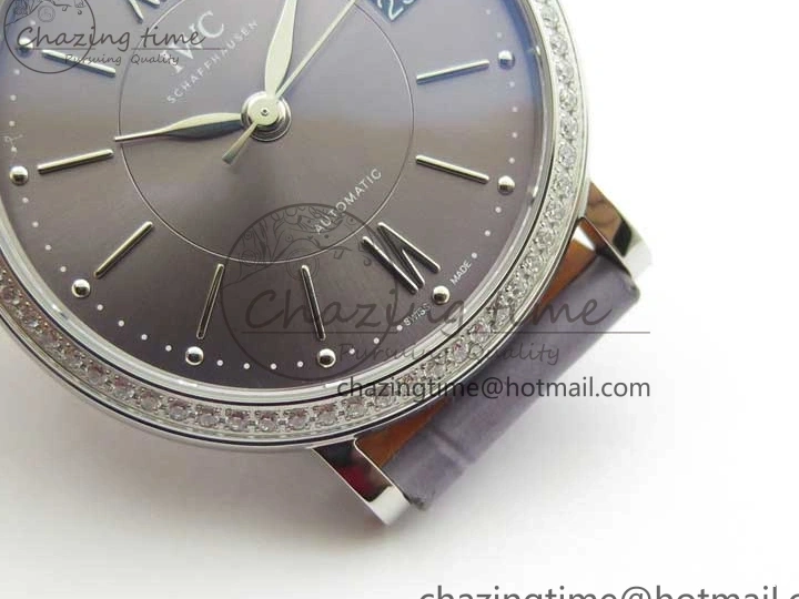 MIROTIME 0510 Attractive Portofino 37mm SS V7F 1:1 Best Edition Gray Dial Diamonds Bezel on Gray Leather Strap A 7091